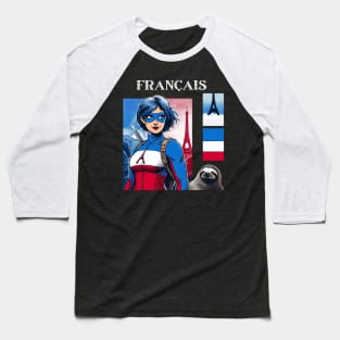 Francais: Female 90's Comic Book Hero with Sloth Cover Baseball T-Shirt